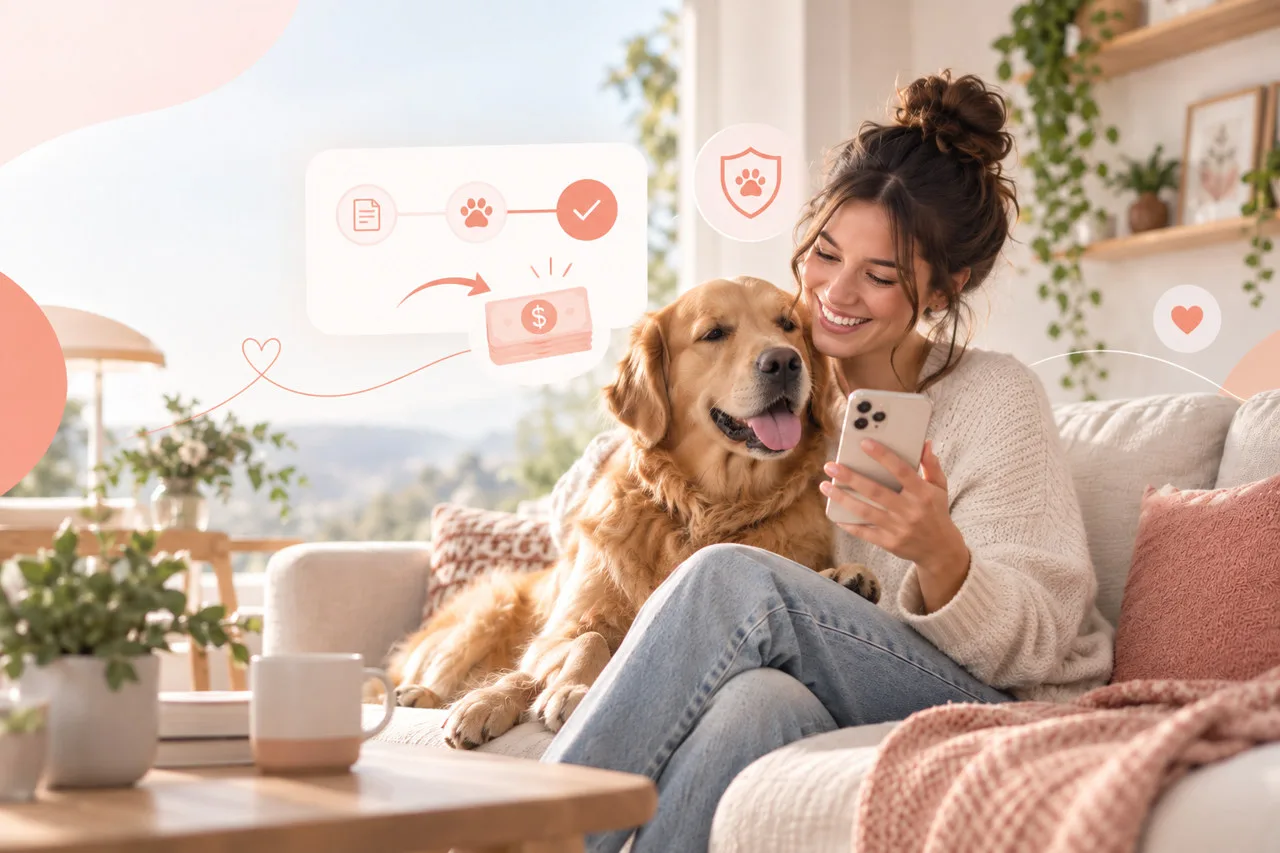 Woman using a phone beside a golden-colored dog on a sofa